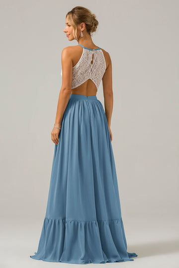 Vestido de dama de honor largo de gasa boho ojo de cerradura de azul polvoriento con encaje